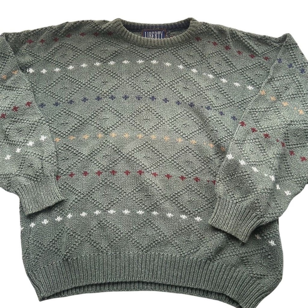 Vintage Liberty XL Green Argyle Textured Knit Pullover Sweater